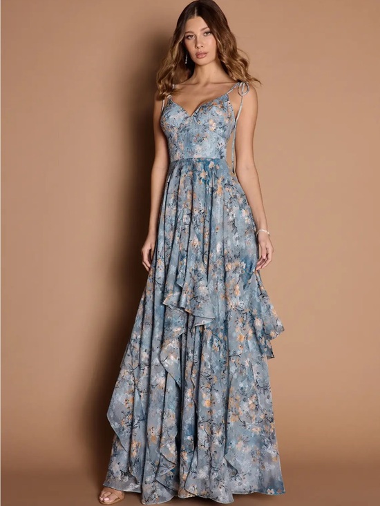 Azazie Dresses & Skirts - Azazie Blue Floral V-Neck Tie-Strap Maxi Dress